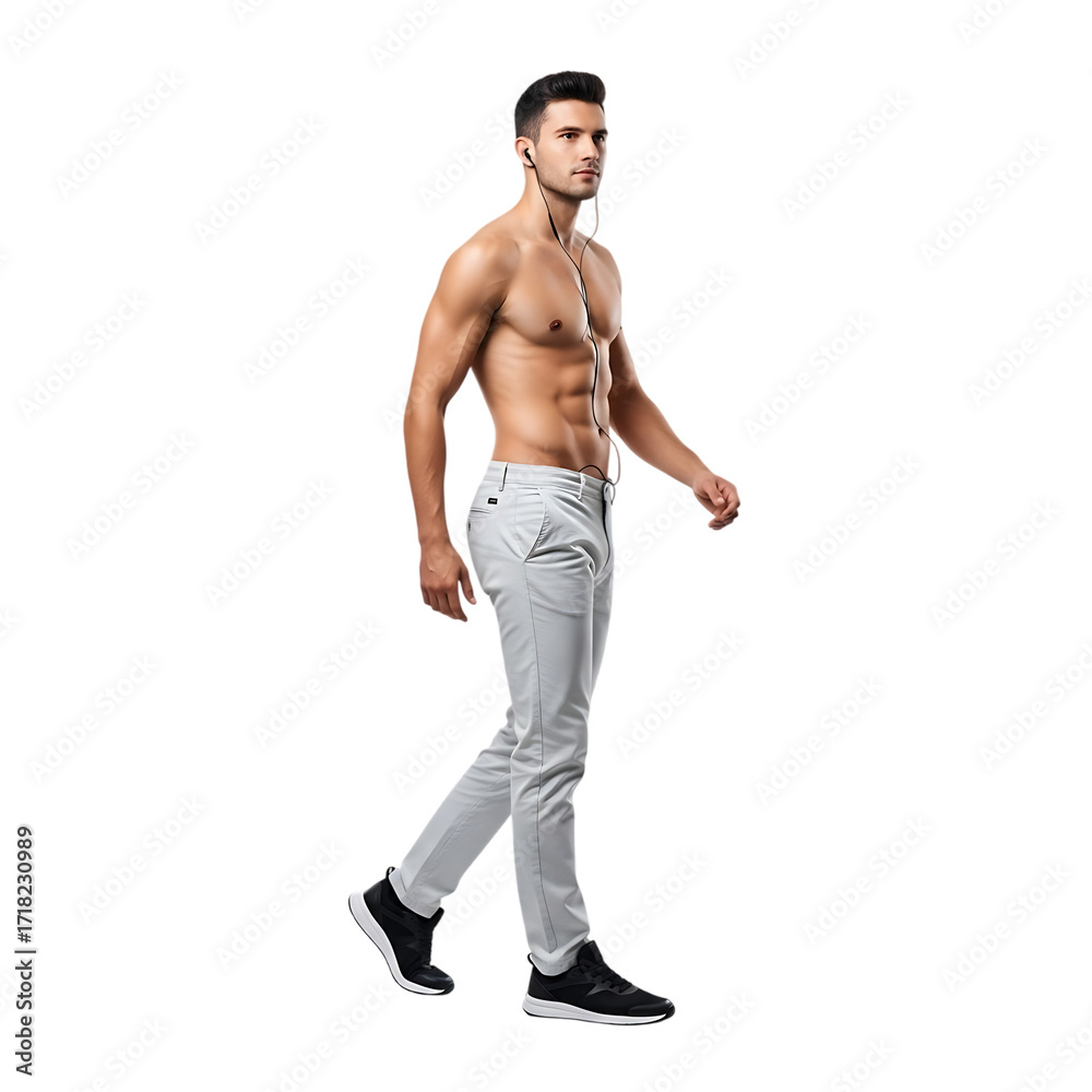 Fototapeta premium Muscular man posing confidently while walking shirtless in light pants isolated on transparent background