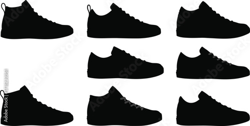 Black shoe silhouettes set, various footwear styles for fashion and retail design, vector illustration