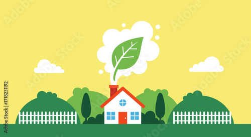 Eco friendly house with green energy and nature illustration.
