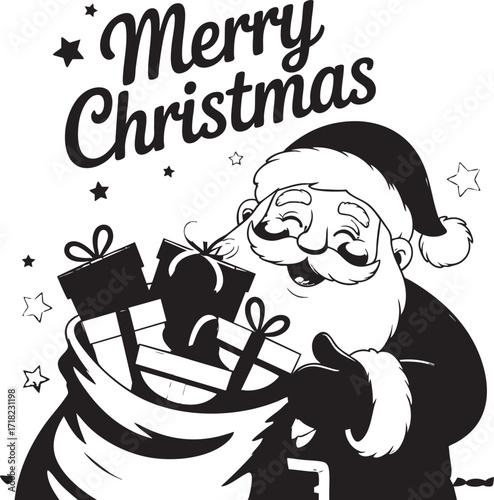 A christmas illustration featuring santa claus with a sack full of colorful gift boxes and merry christmas text