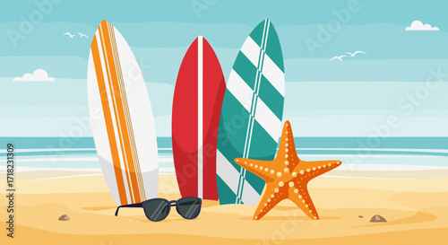 Surfboards and Starfish on a Sandy Beach with Ocean Background.