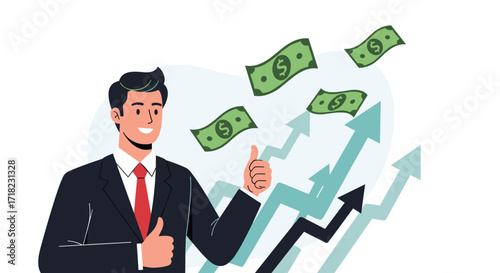 Man in Suit Giving Thumbs Up with Money and Growing Chart.
