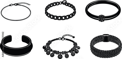 Bracelet silhouettes set, elegant jewelry accessories collection, fashion bangles cuffs chains charm designs, vector illustration