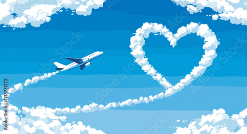 Airplane flying through the sky leaving a heart-shaped cloud trail.