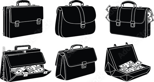 Business briefcases with money, financial suitcase, corporate office bags vector illustration