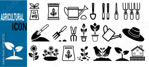 This image features a collection of black and white agricultural icons, depicting various tools, plants, and gardening activities.
