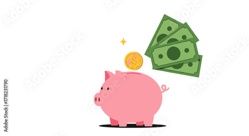 Piggy bank with coins and banknotes for saving money.