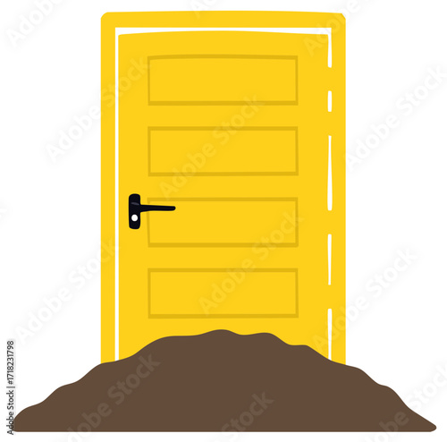 Bright yellow door blocked by a pile of earth conceptual vector illustration