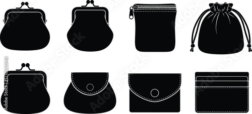 Coin purses, zipper pouch, drawstring bag, snap wallet and card holder silhouettes, vector illustration