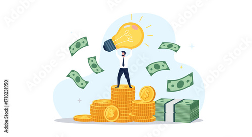 Man Standing on Stack of Coins Holding a Bright Light Bulb Idea.