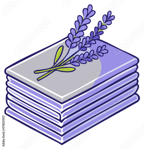Clean stack of folded purple towels or linens with fresh lavender sprigs illustration