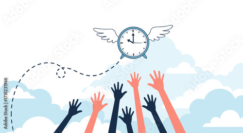 Time Flying Away People Reaching for Clock.