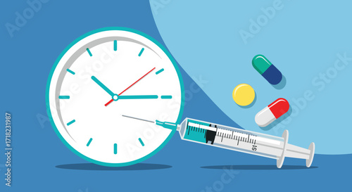 Medical syringe with clock and pills symbolizing healthcare timing.