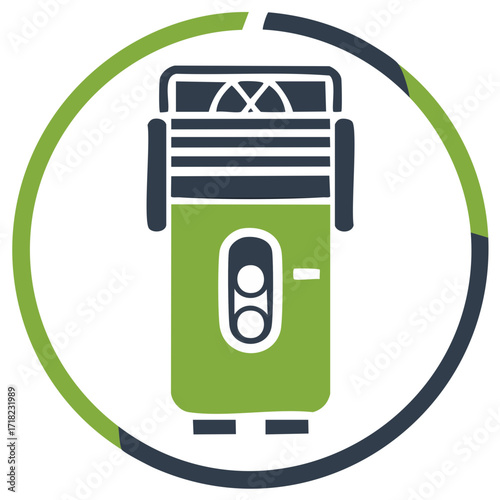 Green and navy blue abstract icon of a handheld blender with a circle design