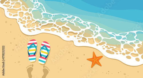 Colorful Flip Flops and Starfish on a Sandy Beach with Ocean Waves.