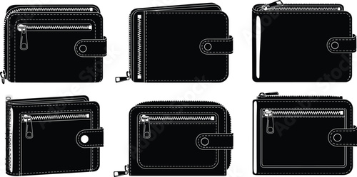 Compact zipper pocket wallets, button closure leather wallet silhouettes for men and women, vector illustration