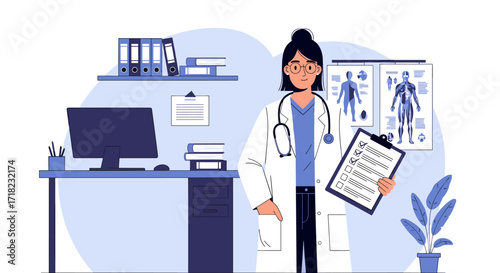 Doctor in a medical office holding a clipboard with patient information.