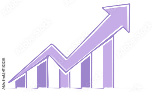 Purple upward trending bar graph with arrow illustration symbolizing growth and success