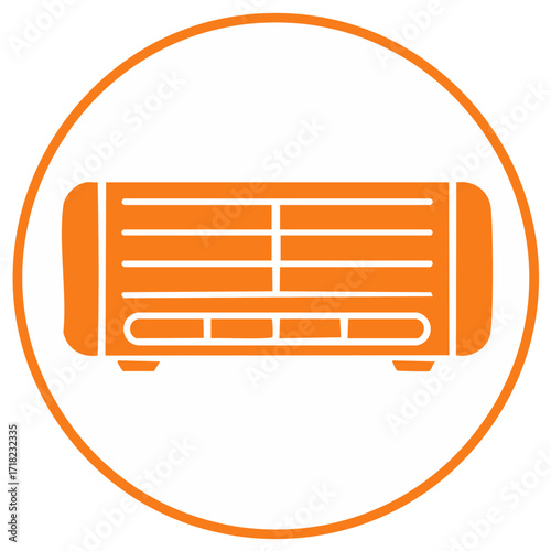 Orange radiator icon showing heating system, cooling appliance in circle, modern electric home appliance design graphic