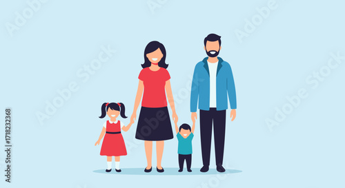 Happy Family Standing Together Parents and Two Children.