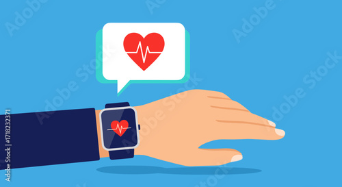 Smartwatch displaying heart rate and health notification.