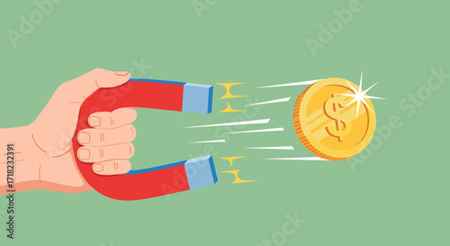Magnet attracting gold coins with dollar sign symbol.