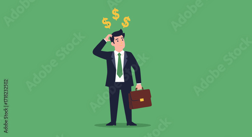 Confused businessman thinking about money and investment decisions.