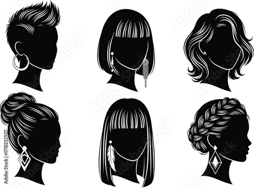 Female hairstyle silhouettes set, elegant woman haircuts with earrings, fashion beauty salon design collection, vector illustration