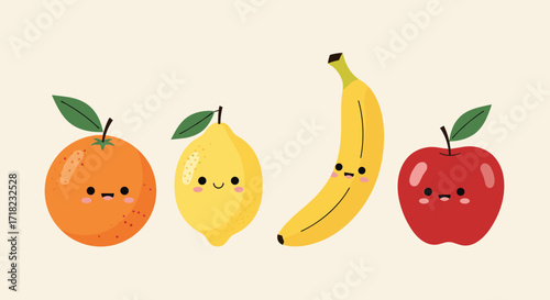 Cute Kawaii Fruits Characters Orange Lemon Banana Apple.