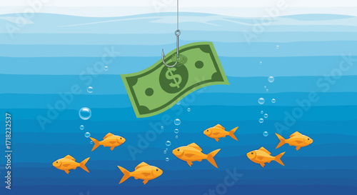 Goldfish Swimming Towards Money Hanging Underwater.