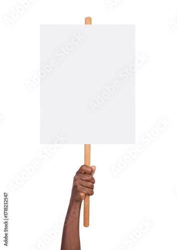 Man holding a blank protest sign in hand isolated on white or transparent background