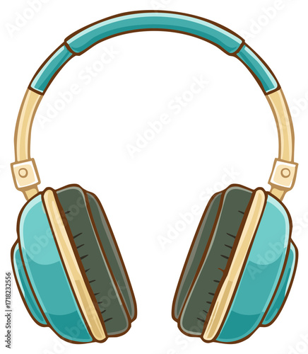 Colorful cartoon illustration of retro style teal over-ear headphones for listening to music