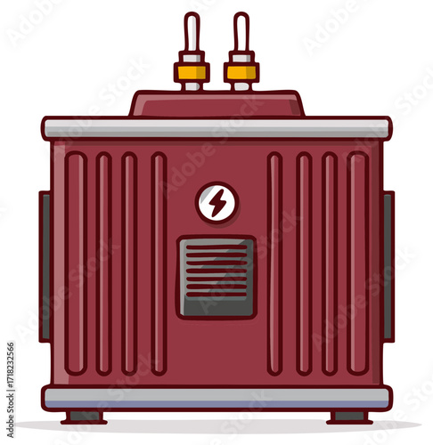 Cartoon illustration of an industrial electrical power transformer with a high voltage symbol