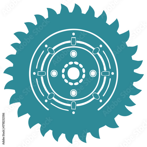 Stylized teal mechanical gear wheel with internal component details and jagged outer teeth