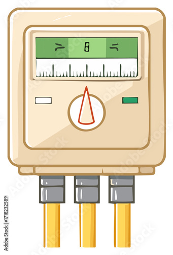 Vintage cartoon illustration of an electronic multimeter or measurement gauge with a dial