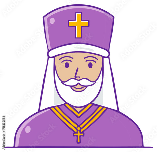 Cartoon Eastern Orthodox priest with white beard and purple robes adorned with a cross in flat design.
