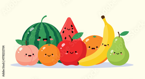 Cute Kawaii Fruits Characters Gathering Together.