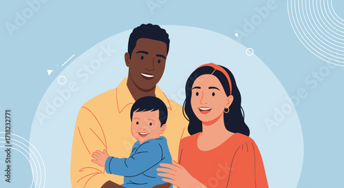 Diverse family with baby smiling happily together.