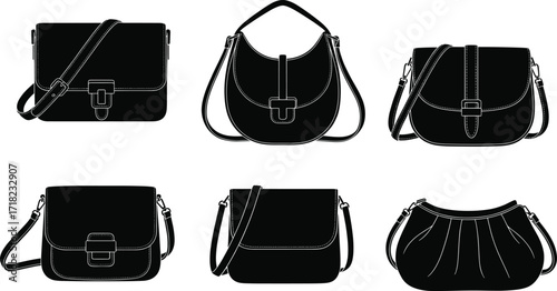Handbag silhouette set, women fashion purses, leather shoulder bags and clutch collection, stylish accessories vector illustration