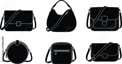 Handbag silhouette set, women purses, crossbody bags, round handbags, leather shoulder bags and fashion accessories, vector illustration