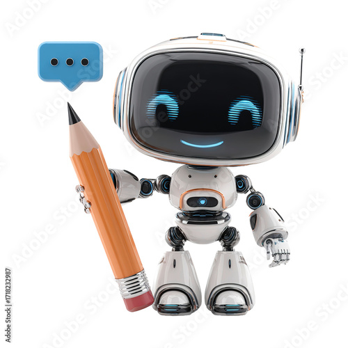 Cute, happy 3D robot, artificial intelligence for writing reviews, filling out questionnaires, analyzing customer satisfaction and quality. User experience concept. PNG