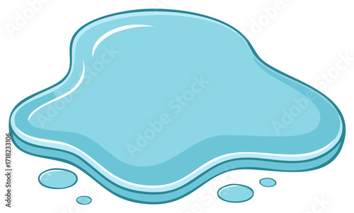 Cartoon style blue water puddle with multiple water drops on white background