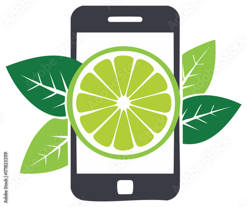 Smartphone with fresh lime and green leaves graphic for healthy lifestyle apps