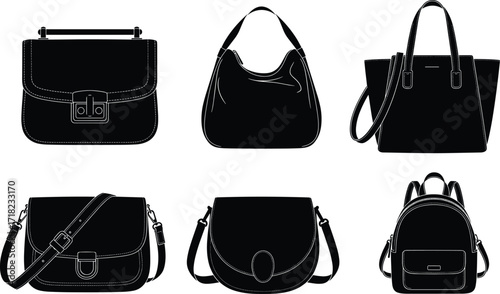 Handbag silhouettes collection with tote, satchel, hobo, crossbody, round flap bag and mini backpack, vector illustration