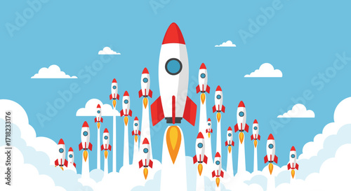 Multiple rockets launching into the sky with clouds and blue sky background.