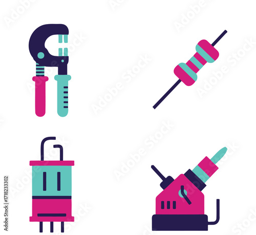 Four colorful icons representing electronic components and tools.
