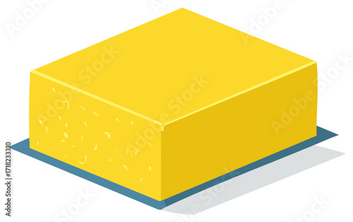 Isometric illustration of a yellow cheese block with holes, isolated on white background
