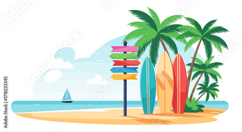 Tropical Beach Scene with Surfboards and Palm Trees.