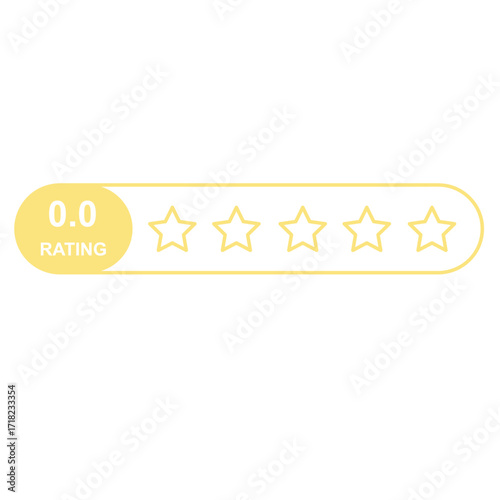Flat yellow five star rating system icon with 0.0 score in box layout, customer feedback quality evaluation bar UI template, vector symbol isolated on transparent background, digital review platforms