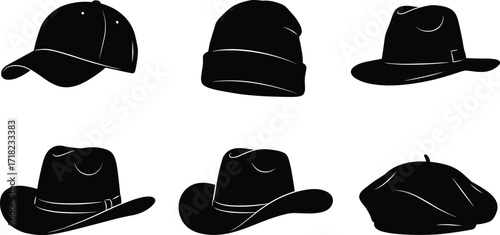 Hat silhouettes set, baseball cap, beanie, fedora, cowboy and beret designs, vector illustration